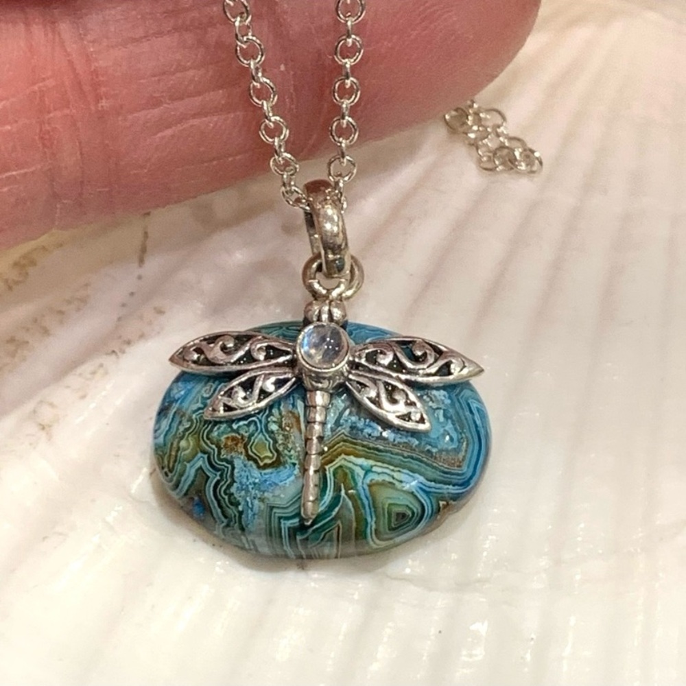 Blue Laguna Lace & Moonstone Sterling Dragonfly Pendant - Picture 3 of 5